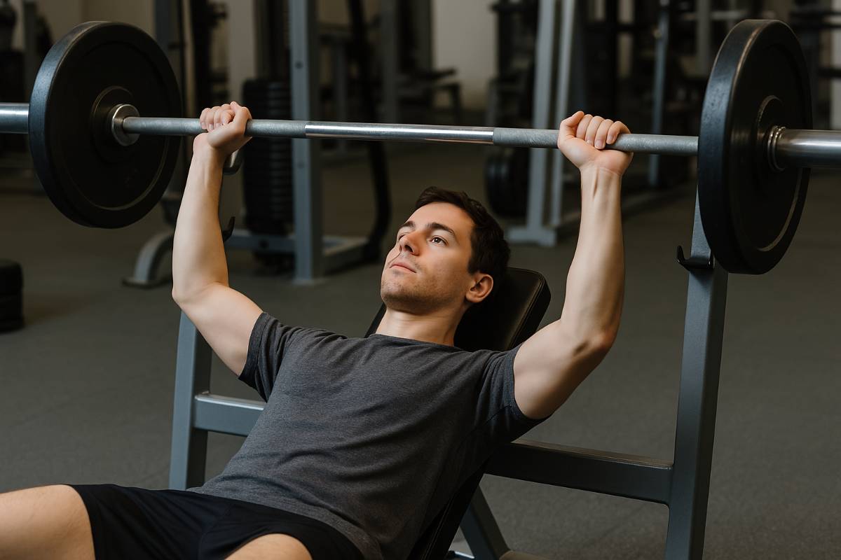 homme en séance de sport pratiquant le développé couché