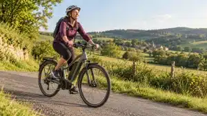Cycliste reprenant le vélo avec une assistance électrique sur une route de campagne