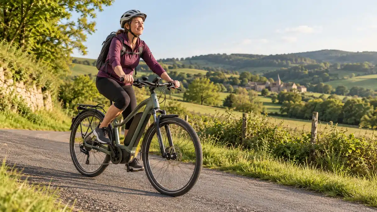 Cycliste reprenant le vélo avec une assistance électrique sur une route de campagne